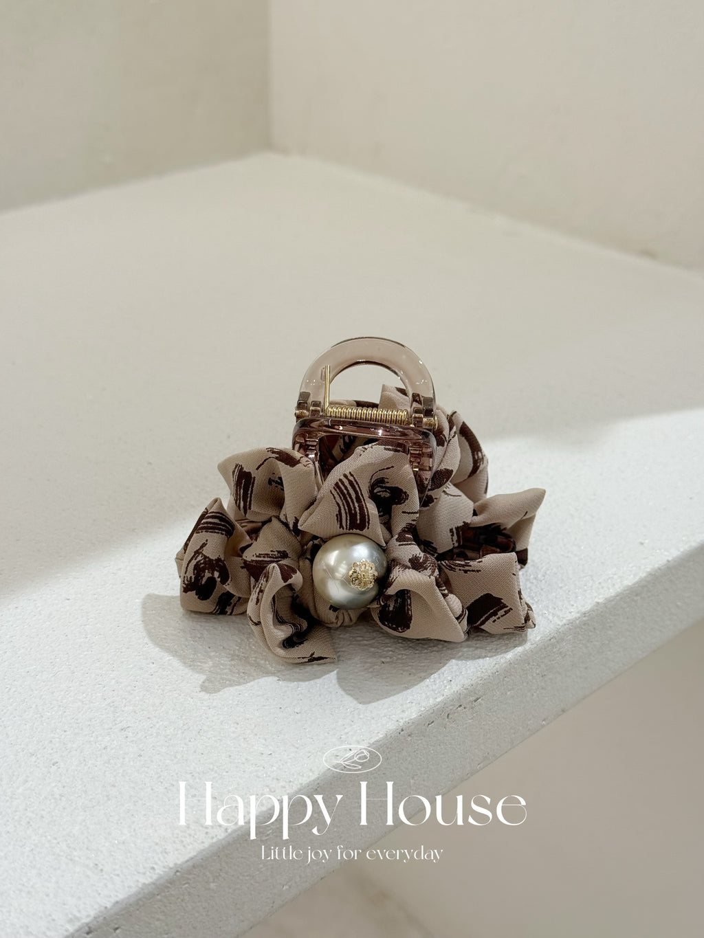 三色花紋布蝴蝶結珍珠抓夾