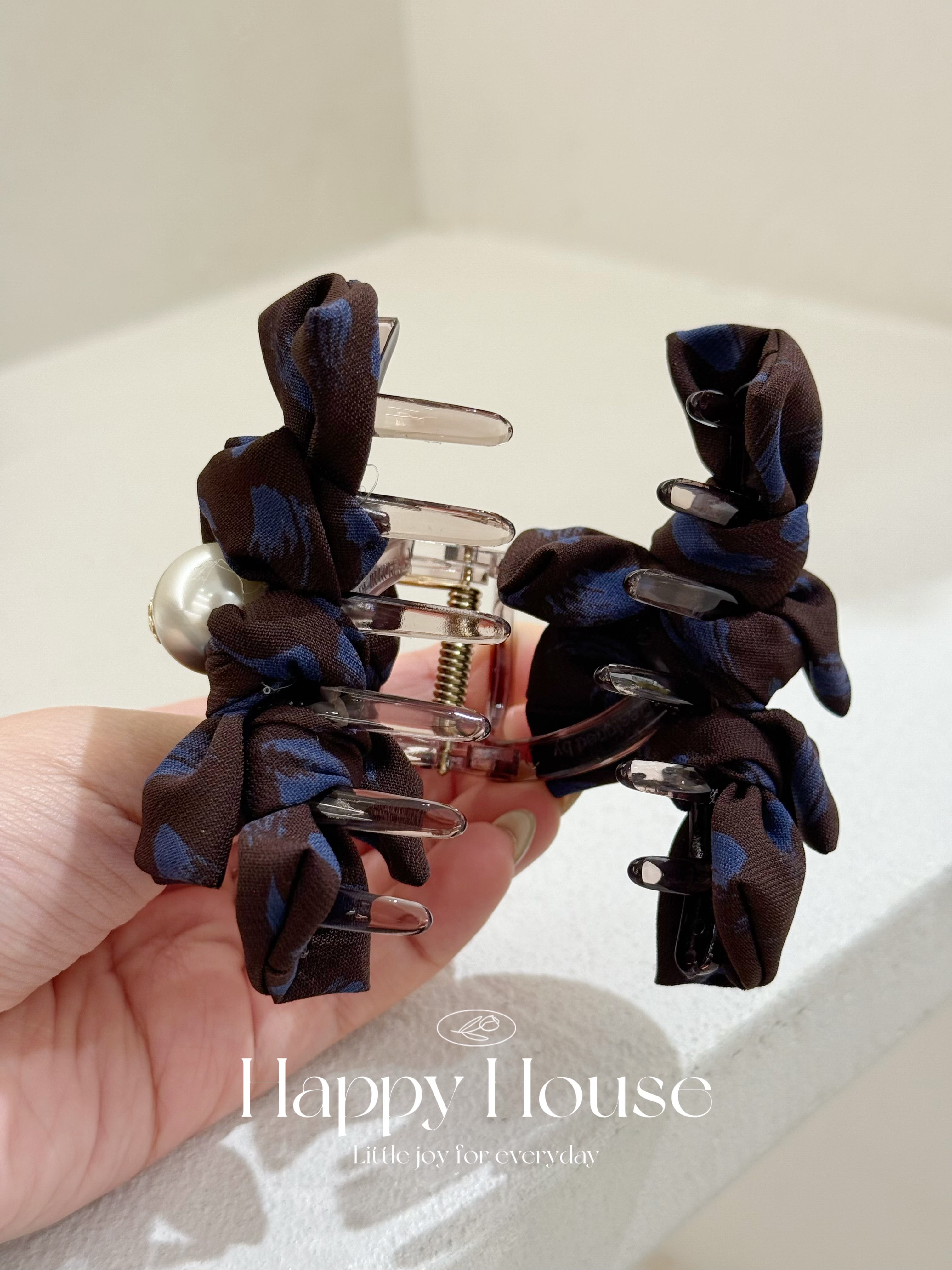 三色花紋布蝴蝶結珍珠抓夾