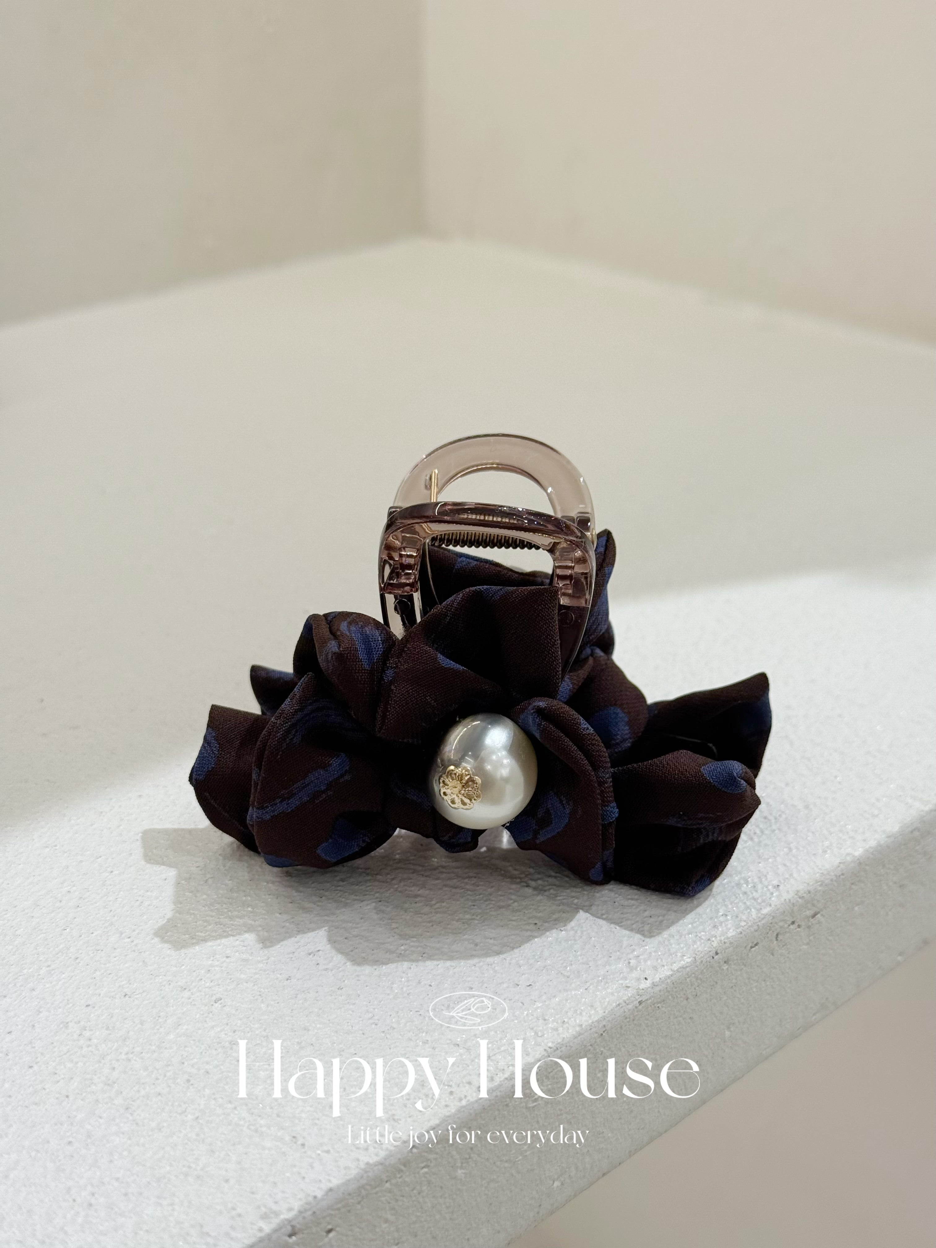 三色花紋布蝴蝶結珍珠抓夾